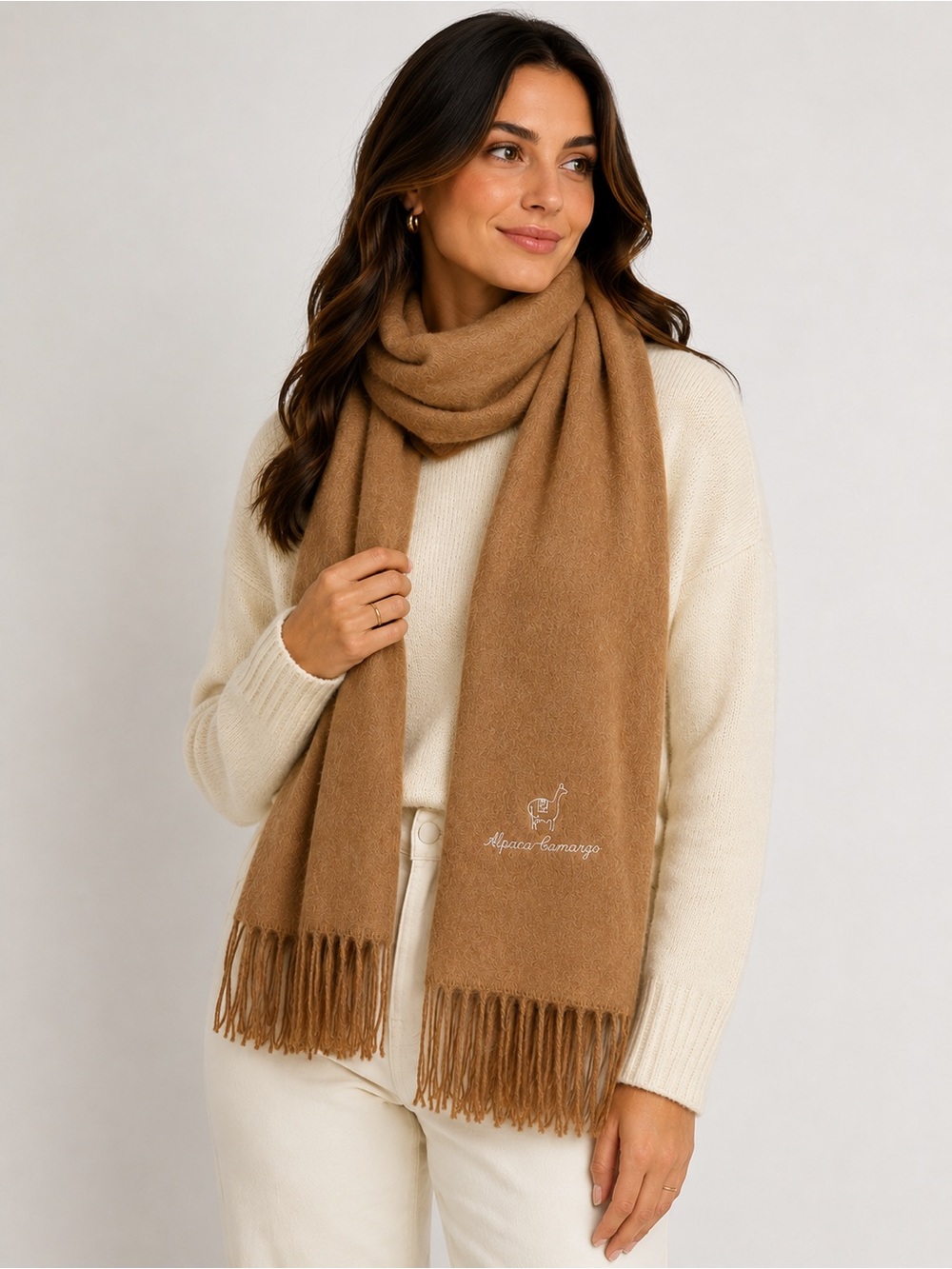 NWT Alpaca Camargo 100% Alpaca Fringe Scarf Camel Brown Made in Peru
